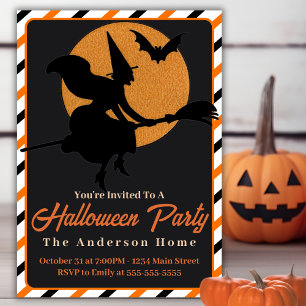 Vintage Retro Witch On Broom Custom Halloween Invitation