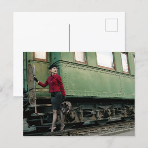 Vintage retro woman at train station postcard