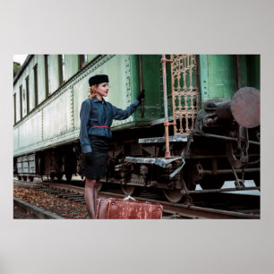 Vintage retro woman at train station poster