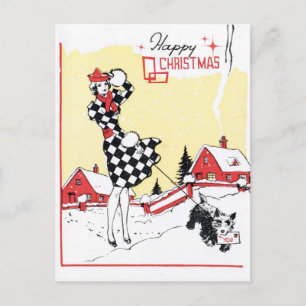 Vintage retro woman dog Christmas postcard
