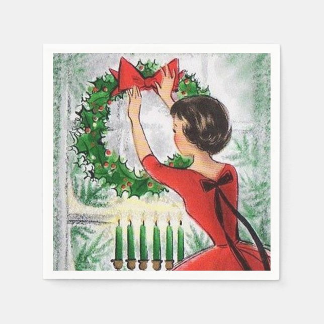 Vintage retro woman wreath Christmas party napkins (Front)