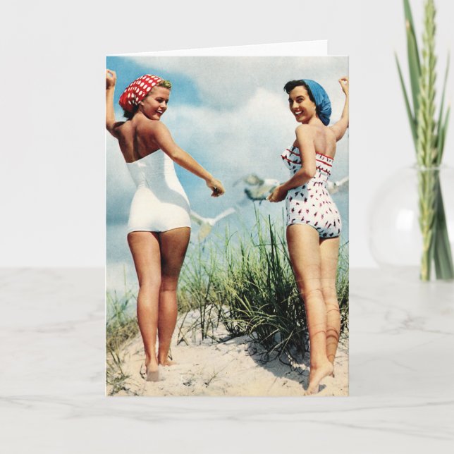Vintage Retro Women 60s Surfing Beach Girls Card (Front)