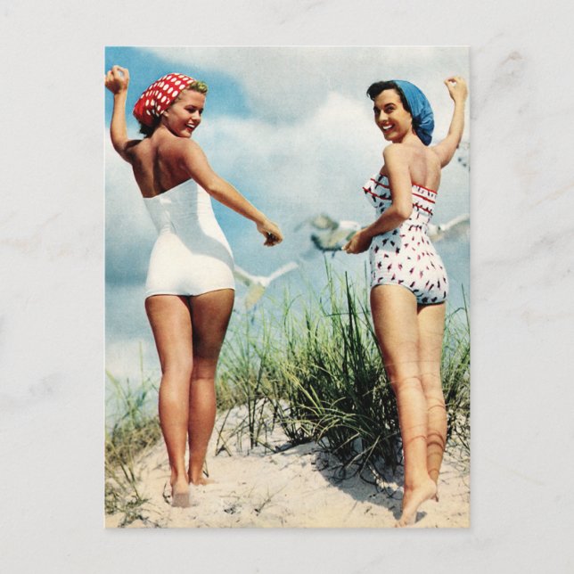 Vintage Retro Women 60s Surfing Beach Girls Postcard (Front)