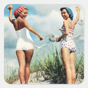 Vintage Retro Women 60s Surfing Beach Girls Square Sticker