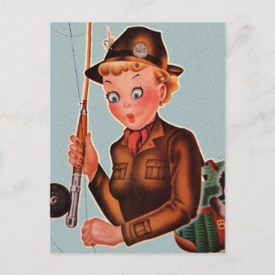 Vintage Retro Women Flying Fishing Woman Postcard