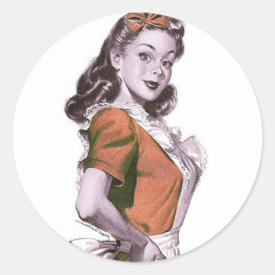 Vintage Retro Women Kitsch Happy Housewife Classic Round Sticker
