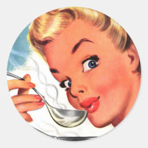 Vintage Retro Women Kitsch Soups Ready! Ad Classic Round Sticker
