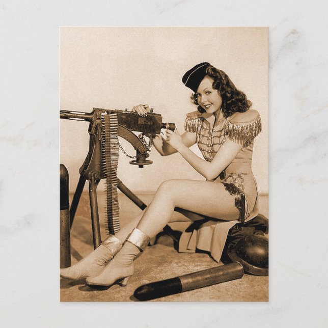 Vintage Retro Women Machine Gunner Girl Postcard (Front)