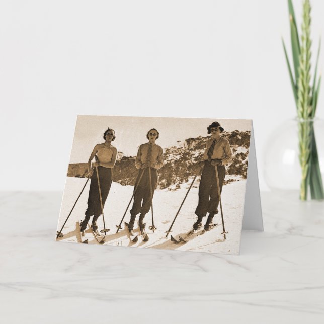 Vintage Retro Women Skiing 'Ski Bums 1942' Card (Front)