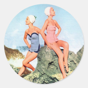Vintage Retro Women Swimsuits and Swim Caps Too! Classic Round Sticker