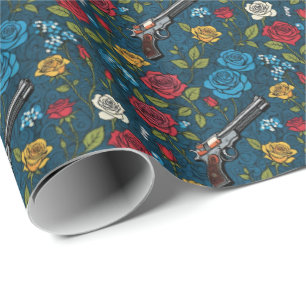 Vintage Revolver Floral With Roses Dark Blue Wrapping Paper