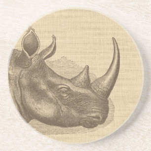Vintage Rhino Illustration on Burlap Coaster