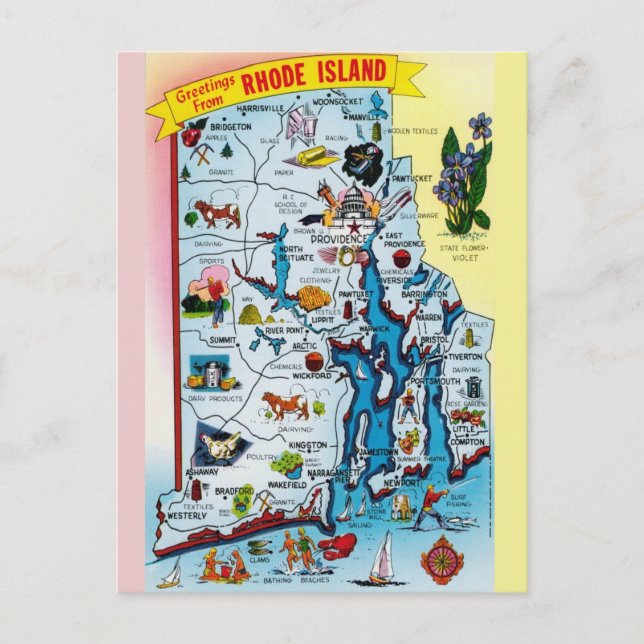 Vintage Rhode Island Map Postcard (Front)