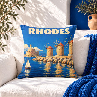 Vintage Rhodes Greece Travel Poster Throw Pillow