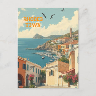 Vintage Rhodes Town Greece Travel Art Vintage Postcard