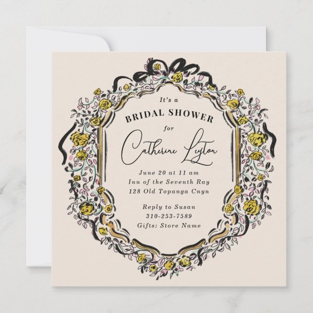 Vintage Ribbon Black Yellow Rose Bridal Shower Invitation (Front)