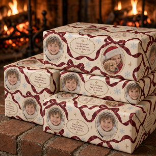 Vintage Ribbon Frame Photo Collage Burgundy Bow Wrapping Paper