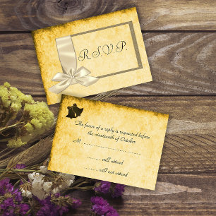 Vintage Ribbon, Gold and Brown Wedding RSVP Card