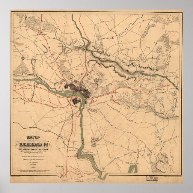 Vintage Richmond VA Rebel Defence Map (1864) Poster (Front)