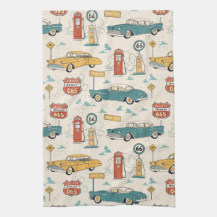 Vintage Road Trip Pattern (1) Tea Towel