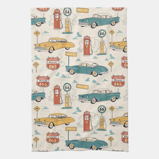Vintage Road Trip Pattern (1) Tea Towel (Vertical)