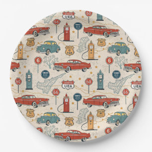 Vintage Road Trip Pattern (2) Paper Plate
