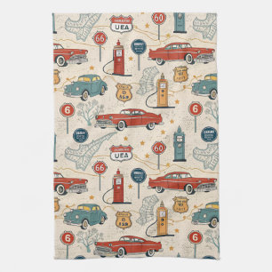 Vintage Road Trip Pattern (2) Tea Towel