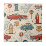 Vintage Road Trip Pattern (2) Tile<br><div class="desc">Rustic travel-inspired pattern ceramic tile featuring old-style cars,  vintage road signs,  leaves,  and retro adventure elements in a charming countryside style. Ideal for road trip lovers,  vintage enthusiasts,  travelers,  and anyone who loves nostalgic travel aesthetics.</div>