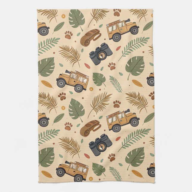 Vintage Road Trip Pattern (3) Tea Towel (Vertical)