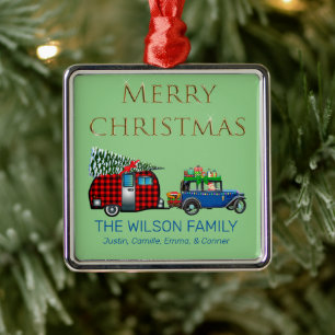 Vintage Road Trip Santa Green Metal Tree Decoration