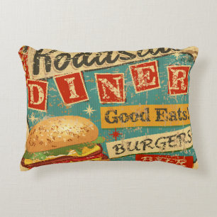 Vintage Roadside Diner metal sign. diner, retro, v Decorative Cushion