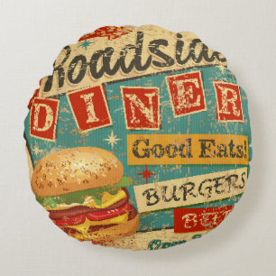 Vintage Roadside Diner metal sign. diner, retro, v Round Cushion
