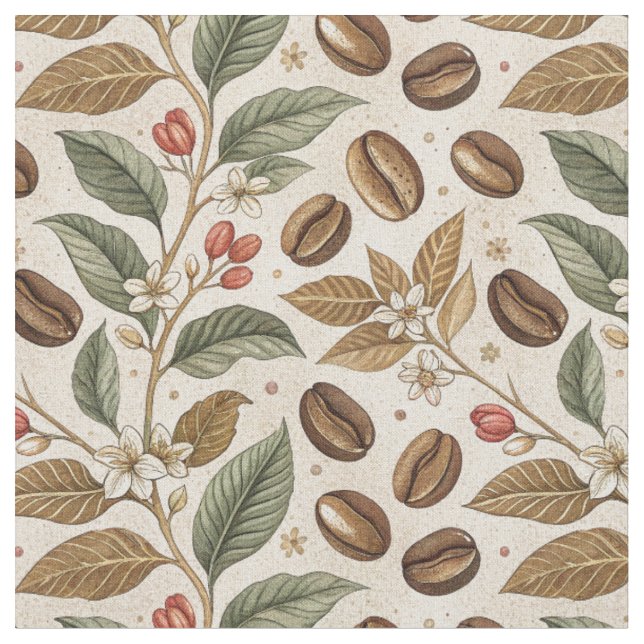 Vintage Roasted Coffee Beans & Flowers Pattern Fabric (Close Up)