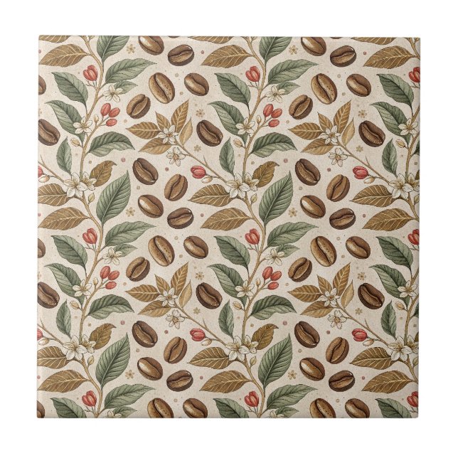Vintage Roasted Coffee Beans & Flowers Pattern Tile (Front)