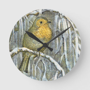 Vintage Robin bird on a snowy branch Round Clock