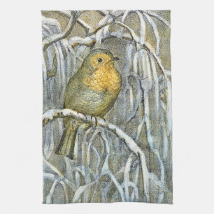 Vintage Robin bird on a snowy branch Tea Towel