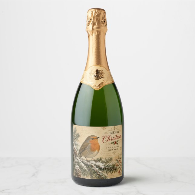 vintage robin christmas champagne bottle label (Front)