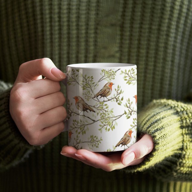 Vintage Robin Readbreast Art Pattern Coffee Mug (Red Robin Pattern Mug)