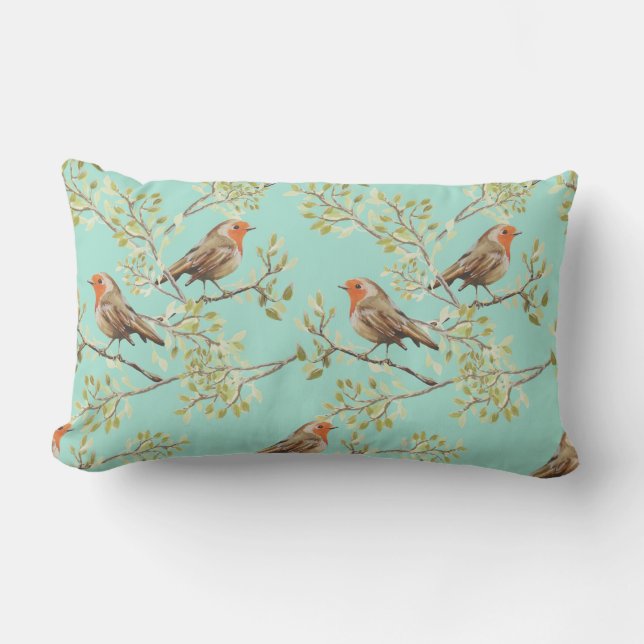 Vintage Robin Readbreast Art Pattern Lumbar Cushion (Front)