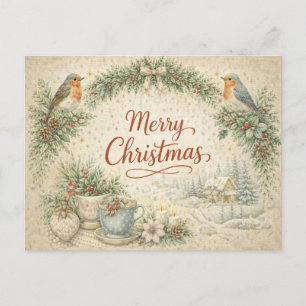 Vintage Robin Wreath Merry Christmas Holiday Postcard