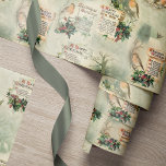 Vintage Robins and Christmas Greetings Wrapping Paper<br><div class="desc">Nostalgic and elegant seamless design featuring red-breasted robins perched on holly branches with antique scrolls,  rustic winter scenes and Christmas greetings in Old English script on sage green background with subtle damask overlay pattern.</div>