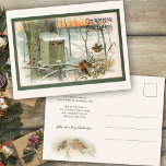 Vintage Robins in Snow with Christmas Greetings Postcard<br><div class="desc">Pretty robins gather in rustic vintage snow-covered woods at sunset on an old birch fence with wooden birdhouse on a nearby tree. Includes Christmas Greetings text in old style font. Back features complementary robin graphic and editable text fields with customisable background colour.</div>
