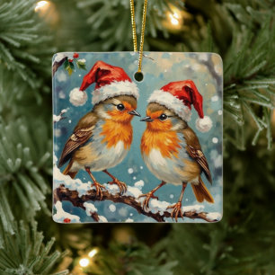 Vintage Robins with Santa Hats on Snowy Branch Ceramic Ornament