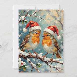 Vintage Robins with Santa Hats on Snowy Branch Holiday Card