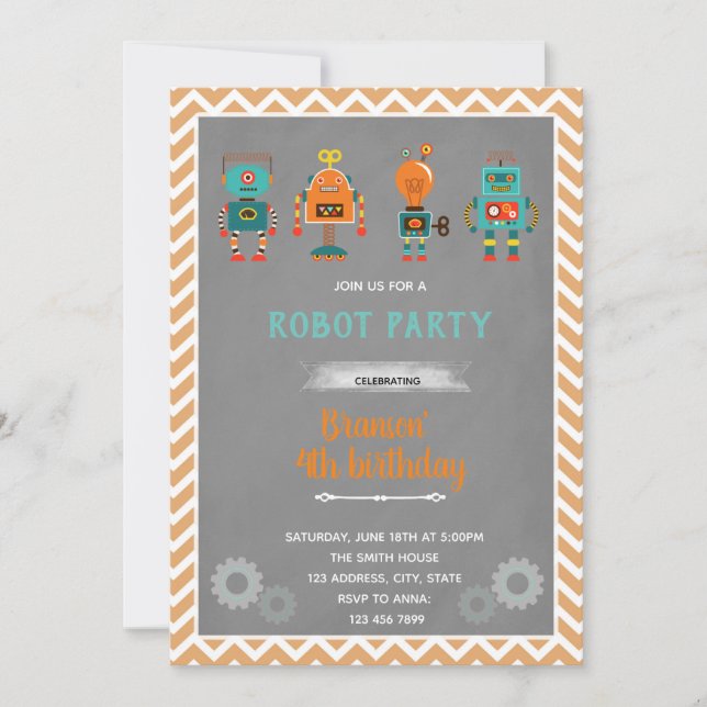 Vintage robot birthday Invitation (Front)