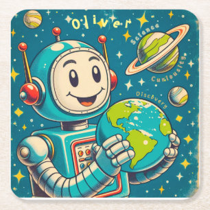 Vintage Robot in Space Science Curiosity Discovery Square Paper Coaster