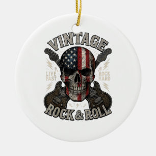Vintage Rock Skull American Flag Guitar Retro Rock Ceramic Tree Decoration