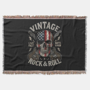 Vintage Rock Skull American Flag Guitar Retro Rock Throw Blanket