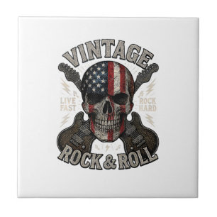 Vintage Rock Skull American Flag Guitar Retro Rock Tile