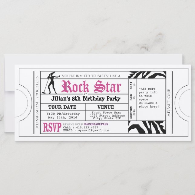 Vintage Rock Star Girls Party Ticket Invitation (Front)